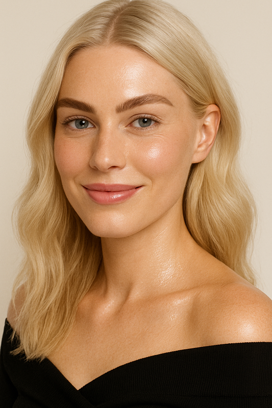 Mujer rubia con piel luminosa y cejas definidas, sonriendo con un look natural y elegante.
