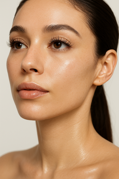 Primer plano de una mujer con piel radiante, maquillaje natural y extensiones de pestañas fox eye, representando belleza minimalista y cuidado de la piel de alta gama.